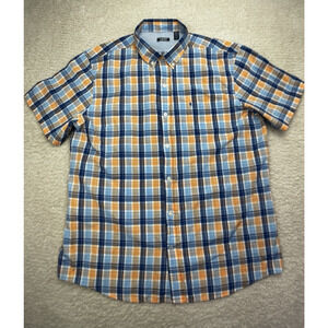 Izod Mens Breeze Short Sleeve Button Down Shirt Blue Orange Plaid Sz XL EUC